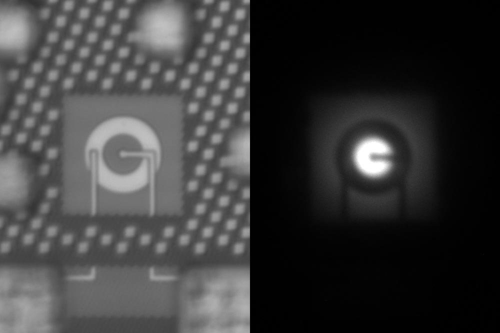 These two images show the silicon led switched on (left) and off. Credit: courtesy of the researchers.