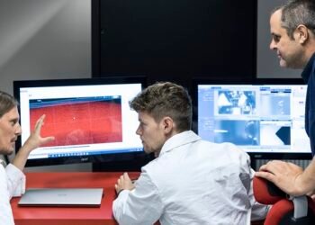 Scientists, Flat 3D model, software works, nano digest