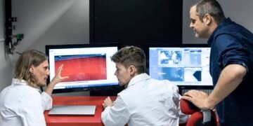 Scientists, Flat 3D model, software works, nano digest